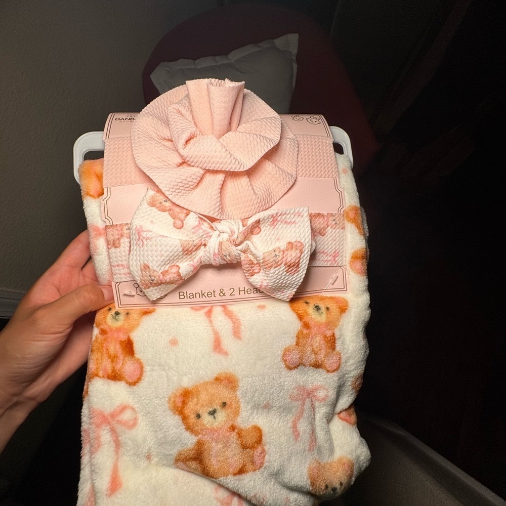 Charming Pink and White Teddy Bear Blanket and Hair Accessory Set